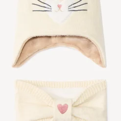 Set gebreide muts met speels kattenontwerp en snood voor babymeisje