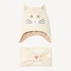 Set gebreide muts met speels kattenontwerp en snood voor babymeisje