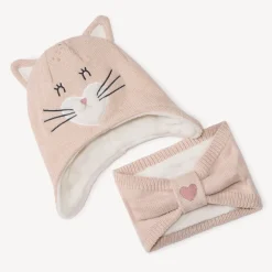 Set gebreide muts met speels kattenontwerp en snood voor babymeisje