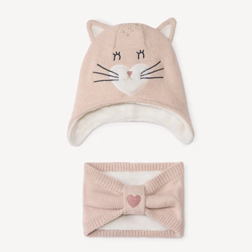 Set gebreide muts met speels kattenontwerp en snood voor babymeisje