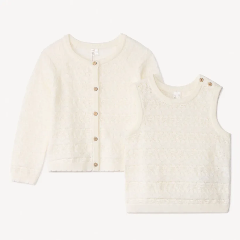 Set gilet en mouwloze trui in fantasiebreisel voor babymeisje