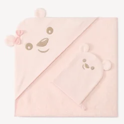 Set met badcape + washandje met teddybeer voor babymeisje