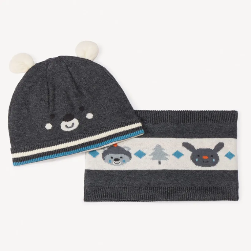 Set met ludieke bonnet en jacquard snood voor jongen.