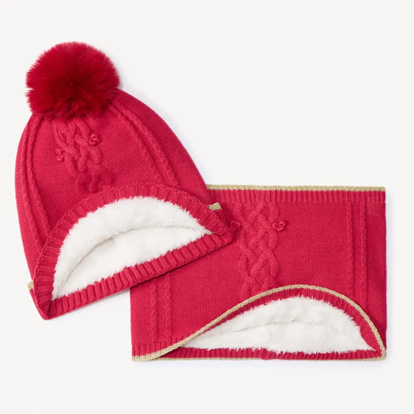 Set muts en snood in gedraaide steek gebreid meisjes met sherpa voering en pompon in bont, elastische boord met gouden lurex biezen