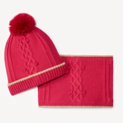 Set muts en snood in gedraaide steek gebreid meisjes met sherpa voering en pompon in bont, elastische boord met gouden lurex biezen