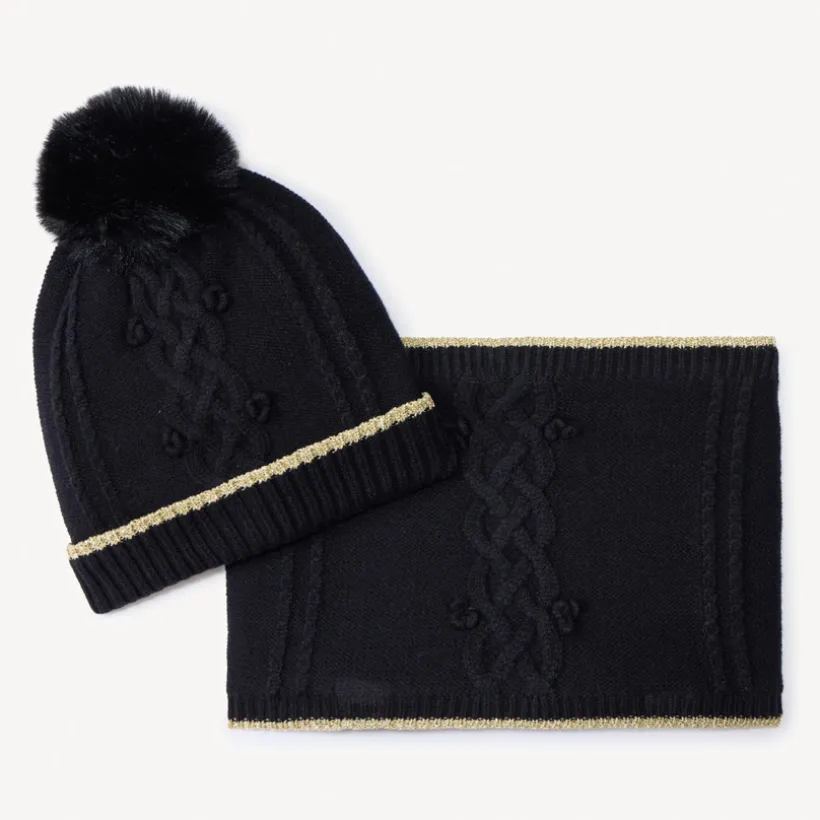 Set muts en snood in gedraaide steek gebreid meisjes met sherpa voering en pompon in bont, elastische boord met gouden lurex biezen