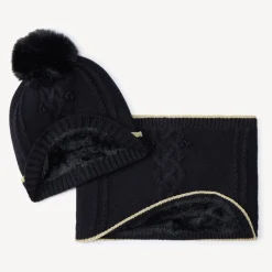 Set muts en snood in gedraaide steek gebreid meisjes met sherpa voering en pompon in bont, elastische boord met gouden lurex biezen
