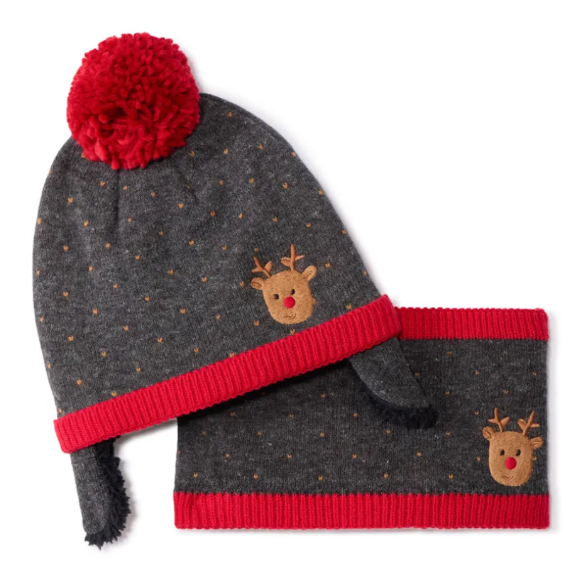 Set muts en snood met pompon en geborduurde kerstkoningin voor babyjongen