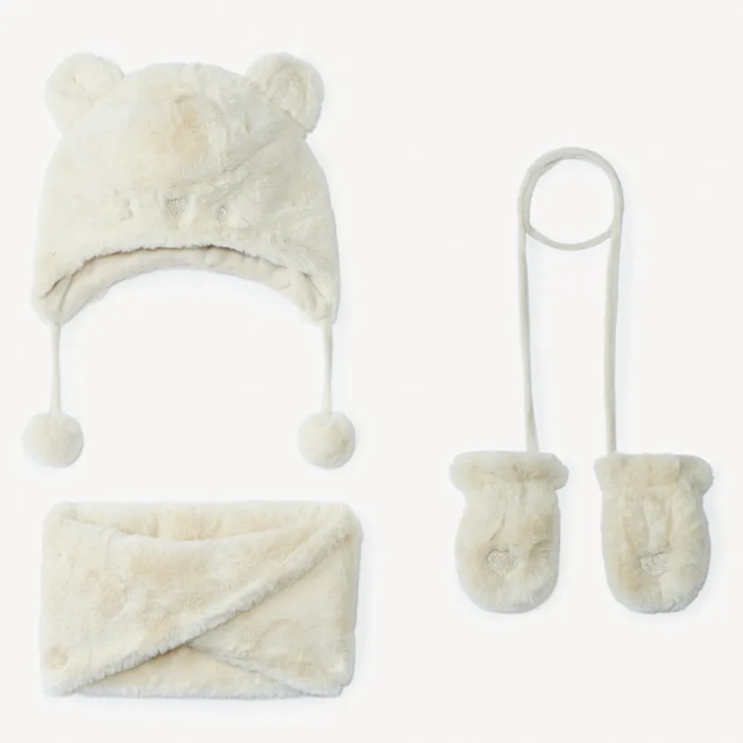 Set muts, snood en wanten in sherpa voor babymeisje