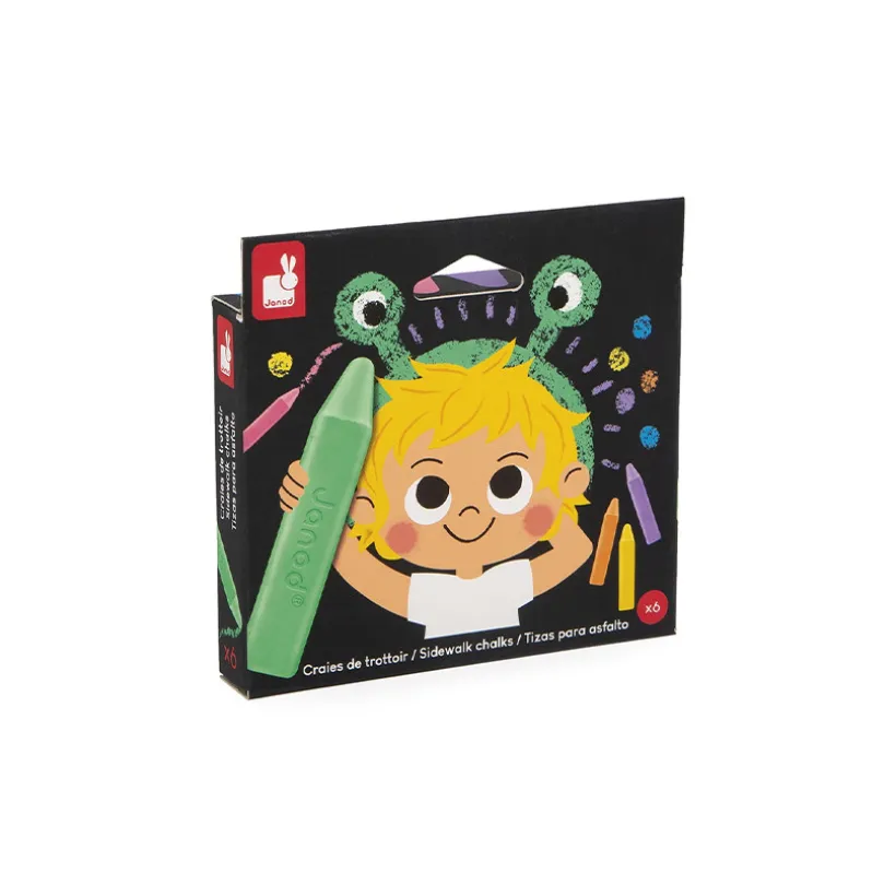 Set stoepkrijt met 6 dikke krijtjes uit collectie Colo, makkelijk vast te pakken voor kleine handjes, wist eenvoudig met water, herbruikbare opbergdoos, vanaf 3 jaar