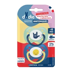 Set van 2 anatomische siliconen fopspenen 18M+ Mathilde Cabanas blauw