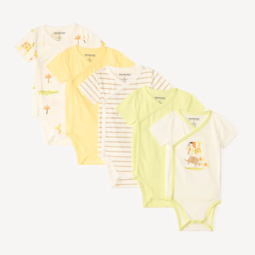 Set van 5 baby jongens rompers met fantasie safari-motieven (verschillende sluitingen afhankelijk van de leeftijd)