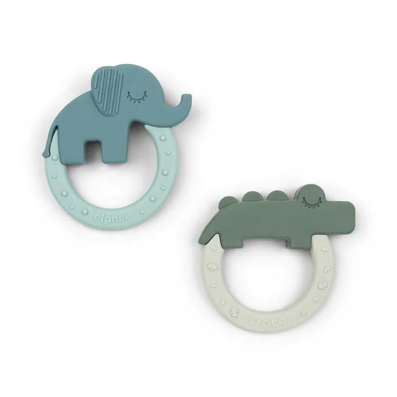 Set van 2 bijtringen Deer Friends in groen en blauw met siliconen texturen in olifant- en krokodillenvorm