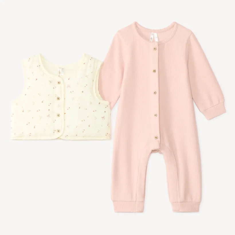 Set van 2 delen, jumpsuit en mouwloos vest met fantasiepatronen.