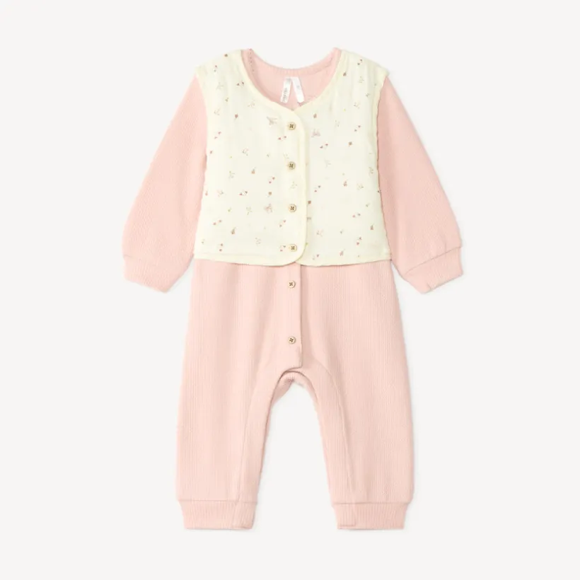 Set van 2 delen, jumpsuit en mouwloos vest met fantasiepatronen.