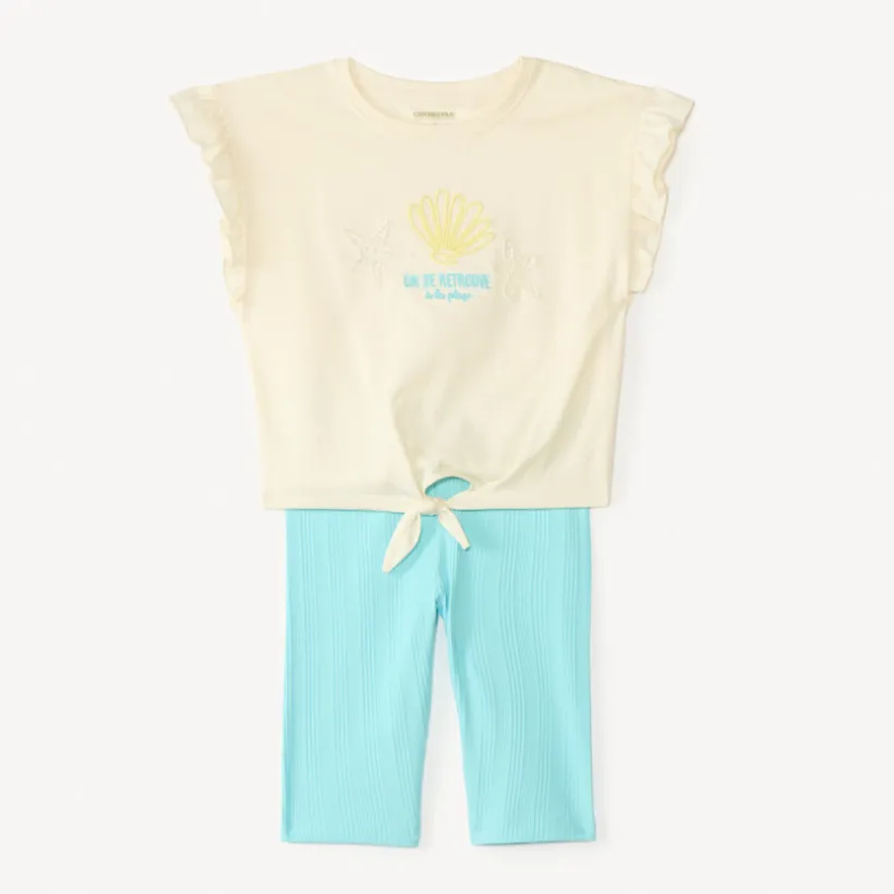 Set van 2 delen t-shirt + fietsbroek met schelpen borduurwerk meisjes