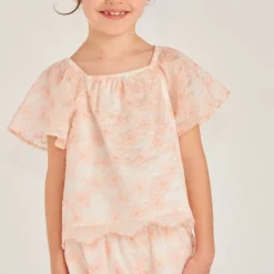 Set van 2 delen: T-shirt + short met geborduurde, bicolor bloem meisjes