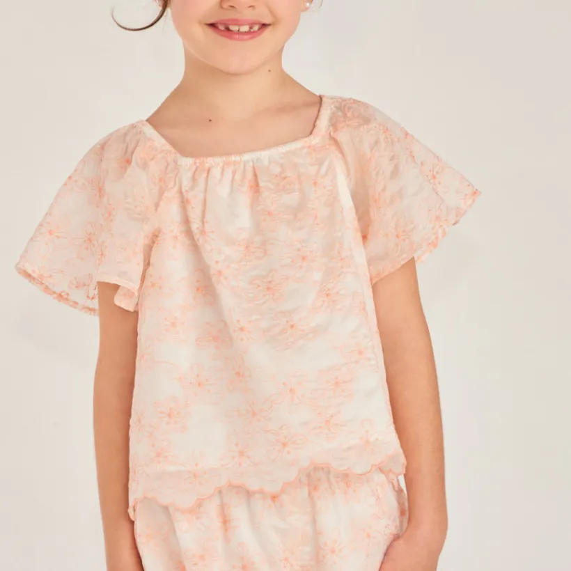 Set van 2 delen: T-shirt + short met geborduurde, bicolor bloem meisjes