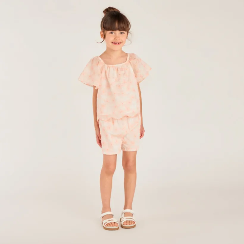 Set van 2 delen: T-shirt + short met geborduurde, bicolor bloem meisjes