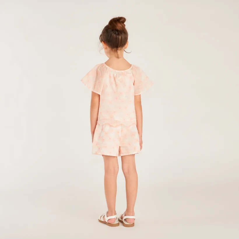 Set van 2 delen: T-shirt + short met geborduurde, bicolor bloem meisjes