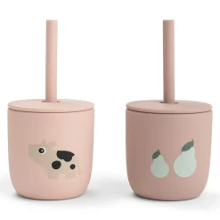 Set van 2 drinkbekers met rietje in silicone Tiny Farm Roze