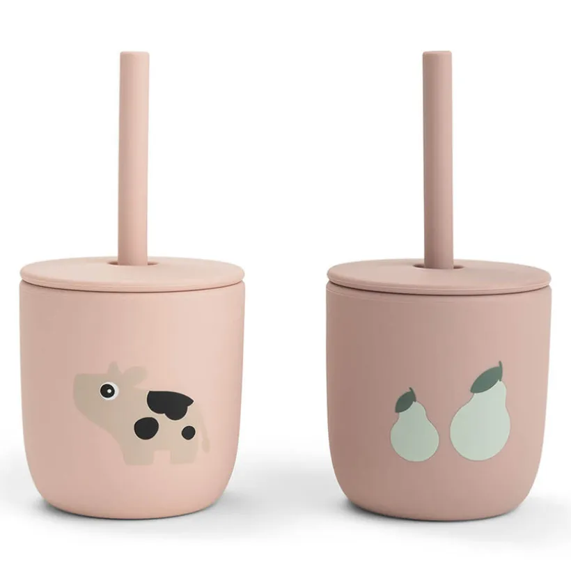 Set van 2 drinkbekers met rietje in silicone Tiny Farm Roze