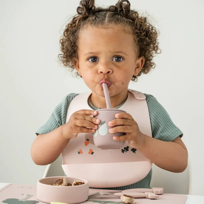 Set van 2 drinkbekers met rietje in silicone Tiny Farm Roze