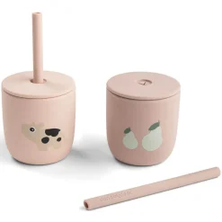 Set van 2 drinkbekers met rietje in silicone Tiny Farm Roze