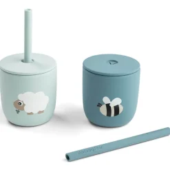 Set van 2 drinkbekers met rietje in silicone Tiny Farm Blauw