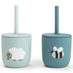 Set van 2 drinkbekers met rietje in silicone Tiny Farm Blauw