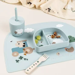 Set van 2 drinkbekers met rietje in silicone Tiny Farm Blauw