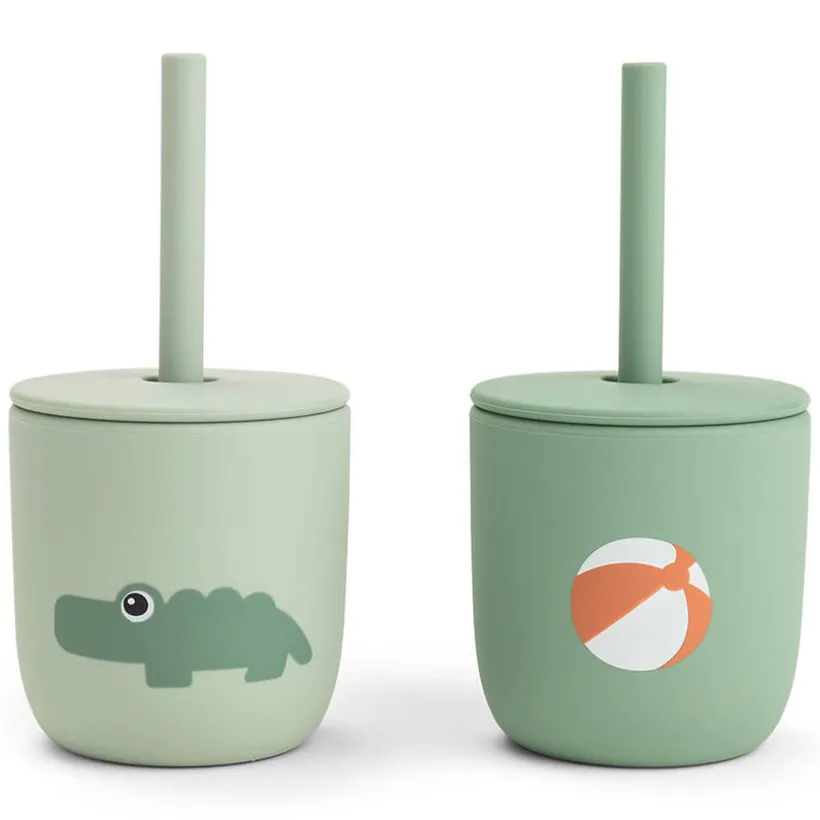 Set van 2 drinkbekers met rietje in silicone Playground Groen
