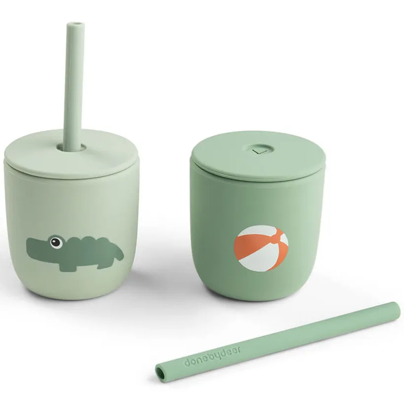 Set van 2 drinkbekers met rietje in silicone Playground Groen