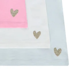 Set van 3 effen t-shirts met korte mouwen voor babymeisje, jersey, glitterhartprint linkeronderhoek, ronde hals met lichte plooitjes, effen rug