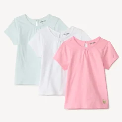 Set van 3 effen t-shirts met korte mouwen voor babymeisje, jersey, glitterhartprint linkeronderhoek, ronde hals met lichte plooitjes, effen rug