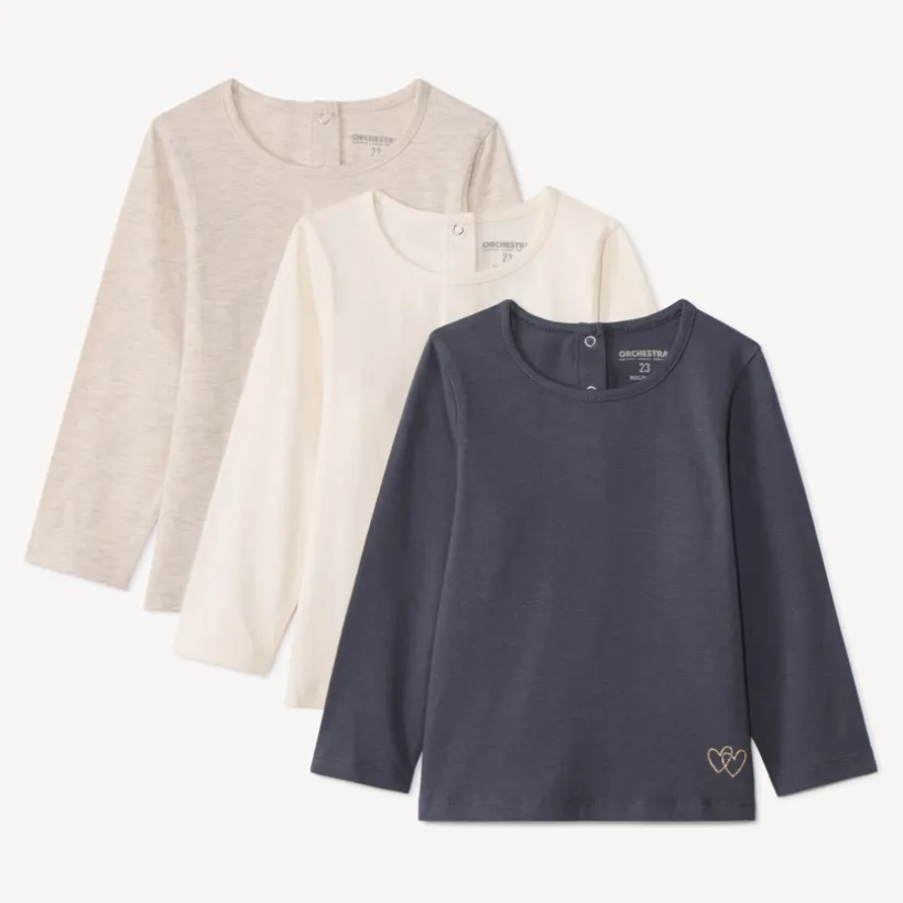 Set van 3 effen t-shirts met korte mouwen voor babymeisje, jersey, met gouden glitterhart