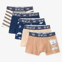 Set van 5 fantasie boxershorts jongens, jersey, met marineblauwe elastische taille en witte contrasterende opdruk