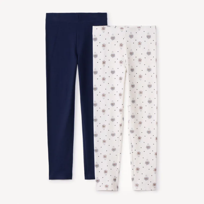 Set van 2 fantasieleggings meisjes met elastische taille, één effen en één met all-over print en glinsterende details