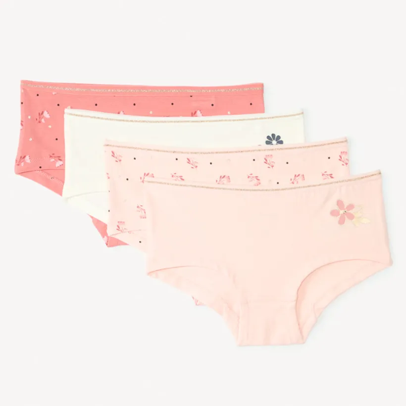Set van 4 fantasie shorty’s meisjes met jersey en gouden lurex biezen