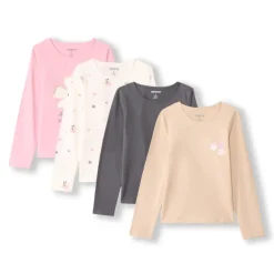 Set van 4 fantasie t-shirts met lange mouwen meisjes in jersey, met ronde hals en diverse prints en kleuren zoals roze, ecru, steenkool en beige