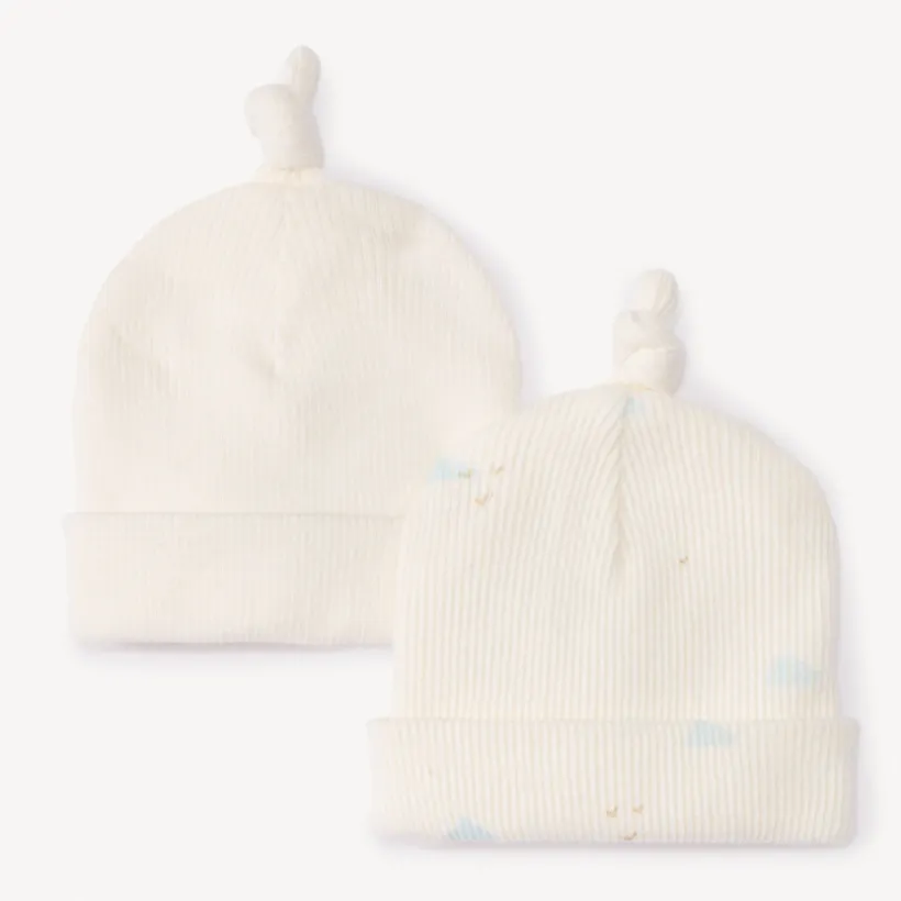 Set van 2 geribbelde geboorte-mutsen met wolkenprint voor premature baby's