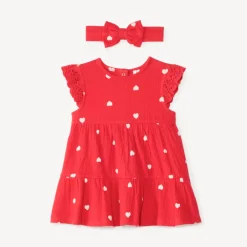 Set van jurk met korte mouwen + hoofdband met hartjesprint voor babymeisjes