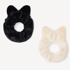 Set van 2 kattenfluwelen scrunchies meisjes met 3D-oren beige en zwart