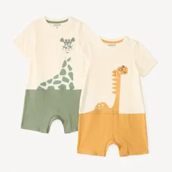 Set van 2 korte jumpsuits 2-in-1 effect dierenpatroon voor baby jongens