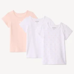 Set van 3 korte mouw onderhemden meisjes in jersey, met ronde hals, in verschillende kleuren en prints zoals effen roze en wit met zilveren foilprint en wit met bloemenprint