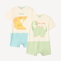 Set van 2 korte overalls met dierenmotieven voor baby jongens