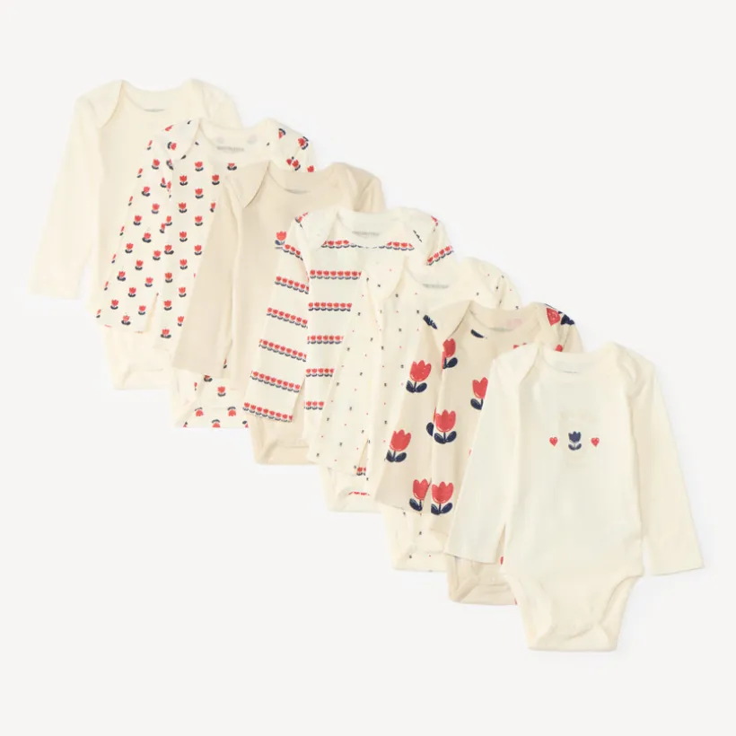 Set van 7 lange mouw baby meisjes rompers met tulpenpatroon