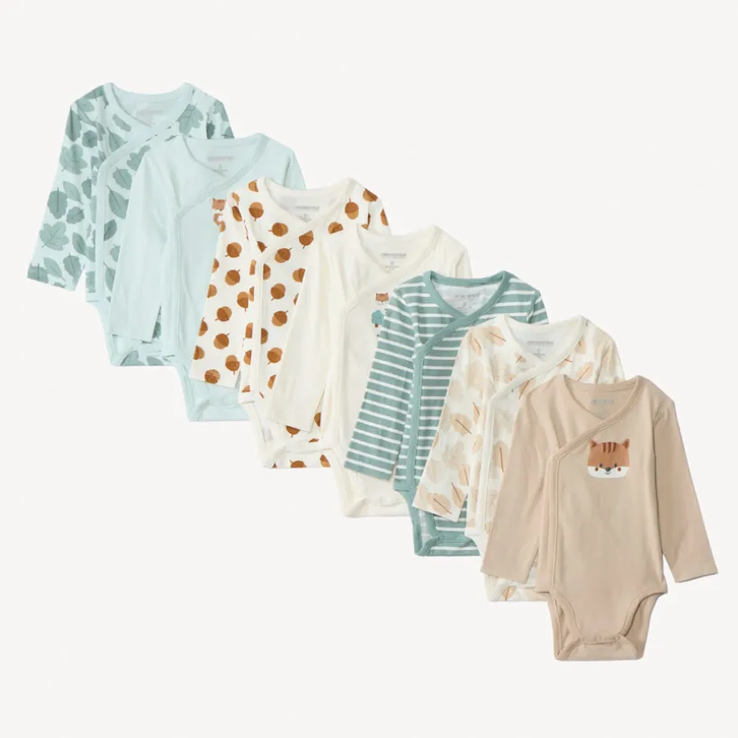 Set van 7 lange mouwen bodies met fantasie bosmotieven voor babyjongens met verschillende sluitingen volgens leeftijd