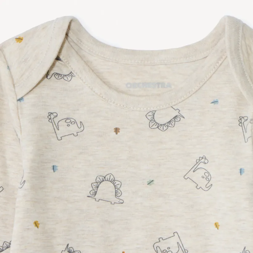 Set van 5 lange mouwen Dinos rompertjes voor babyjongens met verschillende openingen, afhankelijk van de leeftijd.