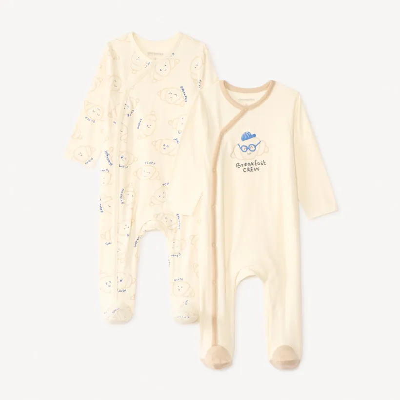 Set van 2 lange mouwen pyjama's met croissantmotief voor babyjongens (verschillende openingen afhankelijk van de leeftijd)